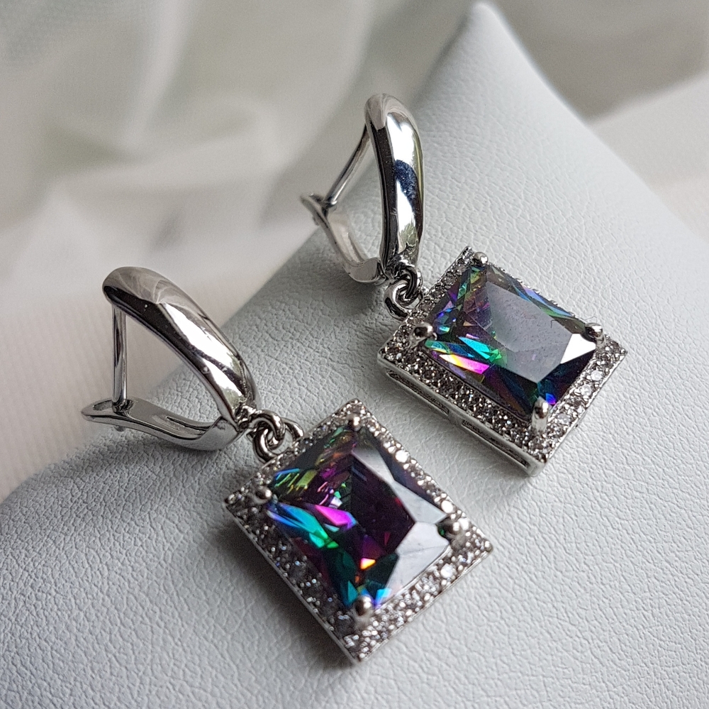 Swarovski Elements 925 Silver Emerald-cut Purple Rainbow Drop Earrings NEW